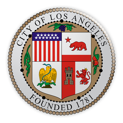 US City Button: Los Angeles, California, Seal Badge, 3d illustration on white background