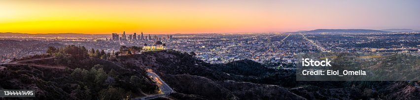 istock Los Angeles Skyline at Sunrise Panorama and Griffith Park Observatory in the Foreground. California. USA 1344441495