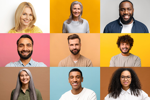 A lot of diverse multiracial people on the screen isolated on multi-colored background, profiles of colleagues involved virtual meeting, hr data base with employees