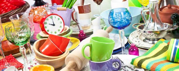 A lot of household wares on a table A lot of household wares on a table close up second hand sale stock pictures, royalty-free photos & images