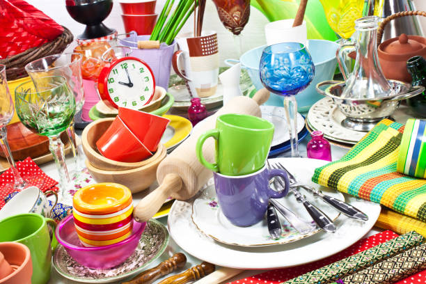 A lot of household wares on a table stock photo