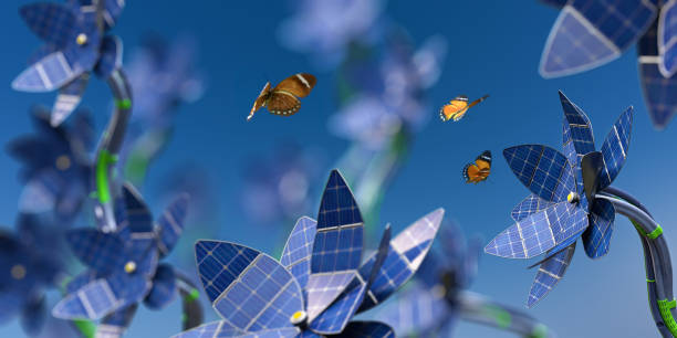 Lots of Solar Panel Flowers Generating Sustainable Energy Near Butterflies A macro image with shallow depth of field of a group of futuristic flowers with petals made from solar panels and stem made from cables. Three Orange Forester butterflies are in mid flight amongst the flowers. Butterflies have blurred motion. Focus is on the flower on the right hand side. green technology photos stock pictures, royalty-free photos & images