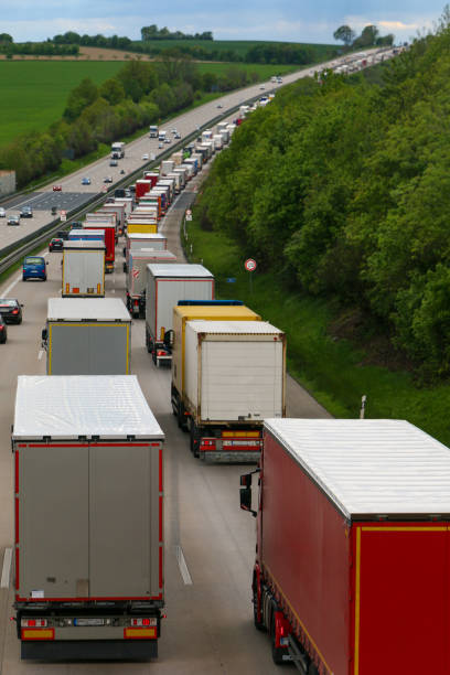 Lots of trucks in a traffic jam on the German autobahn stock photo