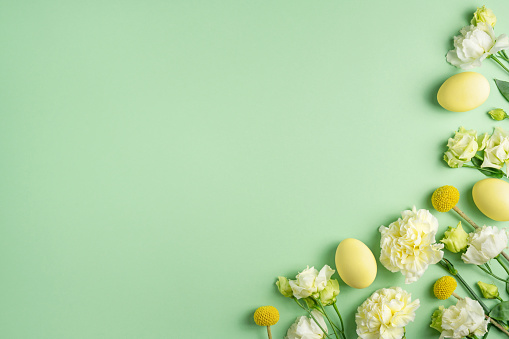 Lovely fresh white and yellow flowers and coloured chicken eggs on light green background. Festive Easter composition. Blooming spring holiday mockup. Copy space, top view, flat lay.