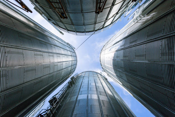low angle of industry stainless steel tanks stock photo