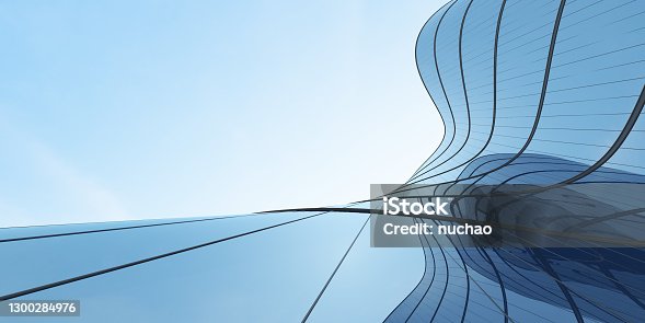 istock Low angle view of futuristic architecture, Skyscraper of office building with curve glass window, 3D rendering. 1300284976