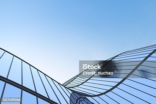 istock Low angle view of futuristic architecture, Skyscraper of office building with curve glass window, 3D rendering. 1321459266