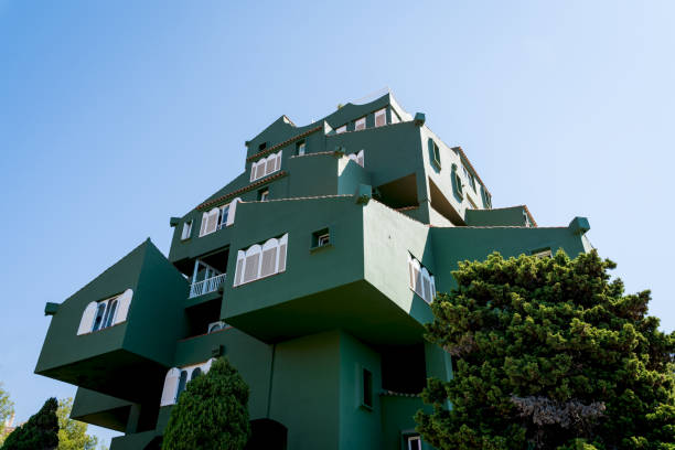 Low angle view of the apartment complex 'Edificio Xanadu' by Ricardo Bofill at the Costa Blanca in Calpe, Spain stock photo