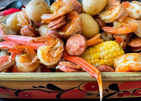 Steamed Shrimp, crab legs, sausage, potatoes, corn on the cob.