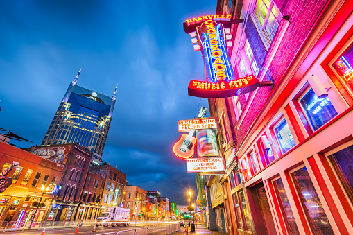 Nashville, Tennessee, USA - August 20, 2018: Honky-tonks on Lower Broadway. The district is famous for the numerous country music entertainment establishments.