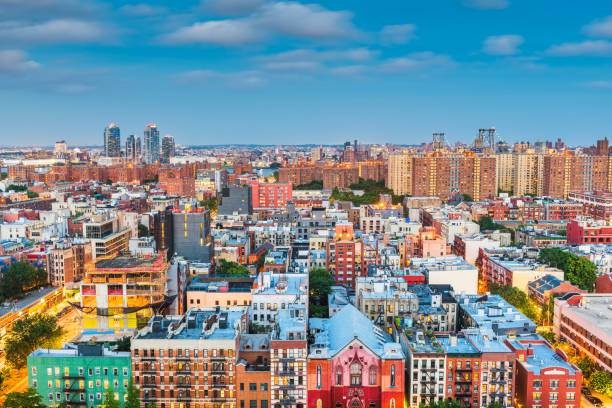 Lower East Side New York City Lower East Side aerial view towards Brooklyn at twilight in New York, New York, USA. brooklyn new york stock pictures, royalty-free photos & images