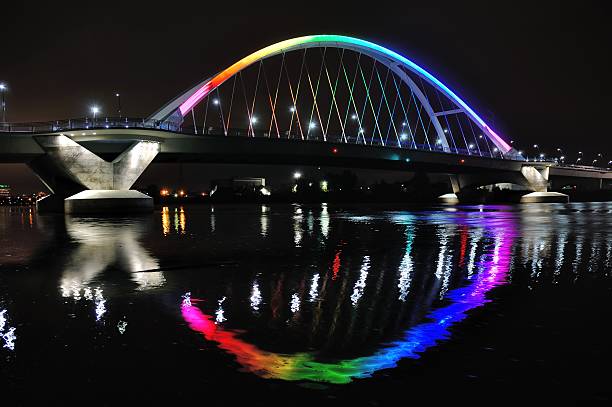 Lowry Avenue Bridge in Minneapolis lit in Rainbow Colors stock photo