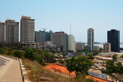 Luanda, Angola: business district skyline - towers around Praça do Ambiente - Sandard Chartered bank, Vista Towers, Total, Torre Ambiente, Edificio Baia... - Luanda Island in the Background