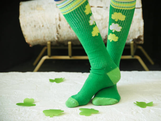 Patricks Day Kids Socks With White Shamrock Print Green Colour St