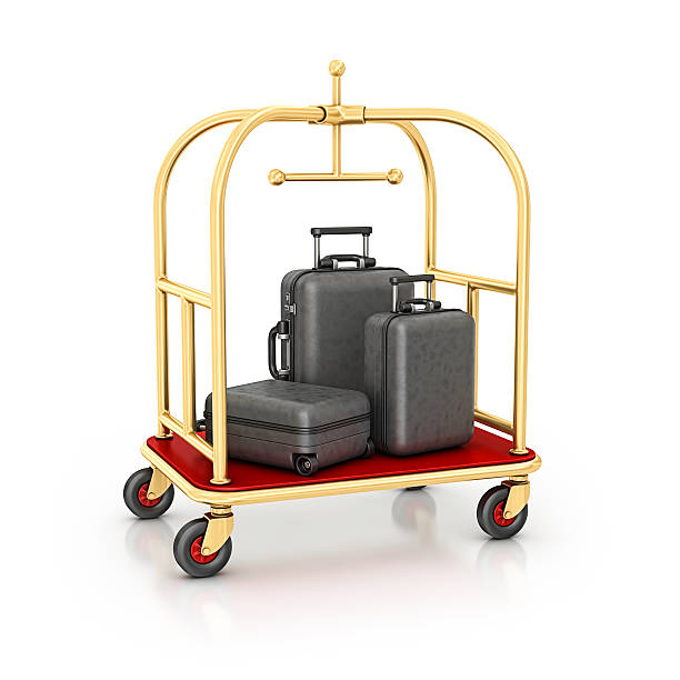 luggage cart isolated hotel luggage cart with three travel suitcases.3d render. push cart stock pictures, royalty-free photos & images