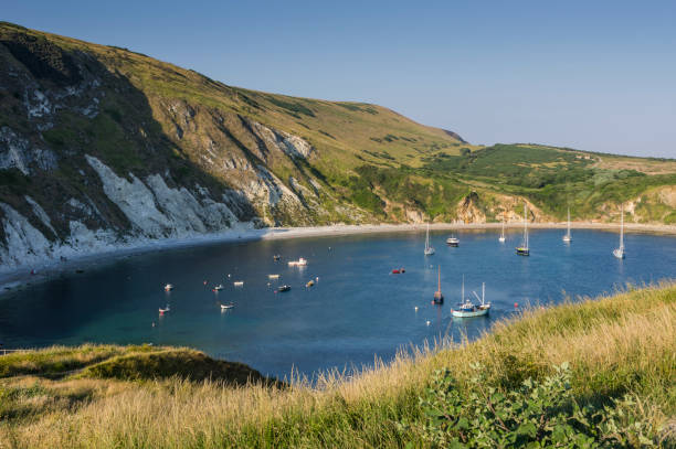 Lulworth Cove on the Jurassic Coast Dorset World Heritage Site Lulworth cove on a sunny summer late afternoon. jurassic world stock pictures, royalty-free photos & images