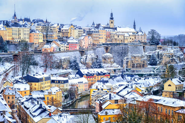 Luxembourg city snow white in winter, Europe Old town of Luxembourg city snow white in winter, Europe luxembourg benelux stock pictures, royalty-free photos & images