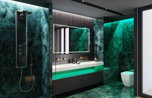 Luxurious apartment master bedroom interior with bathroom with shower. Big green marble tiles. inspired by high class hotel room. stock photo