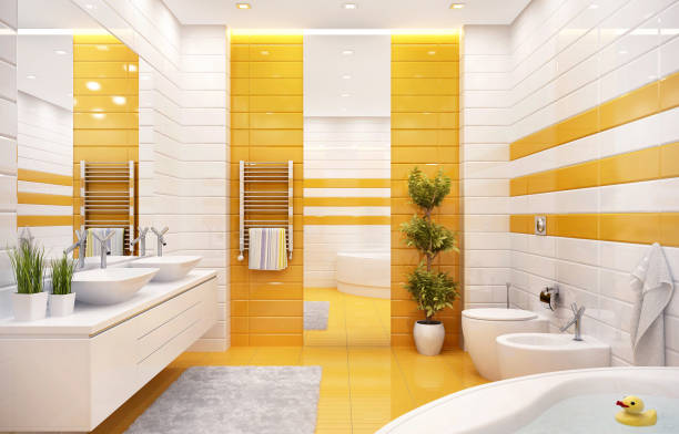 Luxurious bathroom with large bath and two sinks stock photo