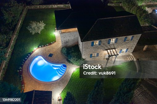 istock Luxurious beautiful modern villa with swimming pool and yard garden 1349182201