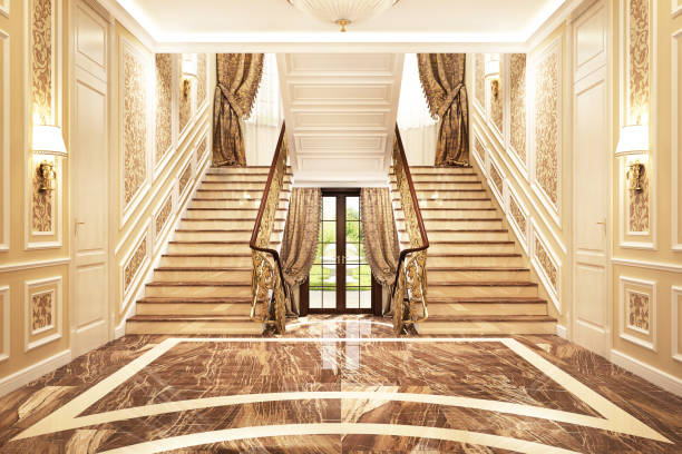 Luxurious interior design of the hall in a big house Luxury interior design entrance to a beautiful big house mansion stock pictures, royalty-free photos & images