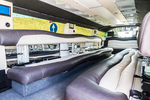 Luxurious Interior Of A Limousine With A Traffic Sign Stock