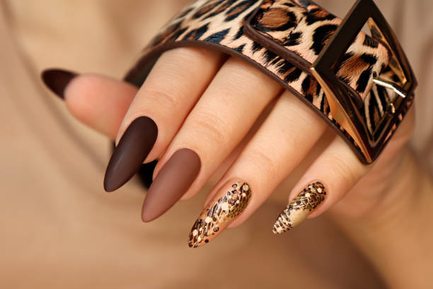 Luxurious multicolored beige brown manicure with animal design Luxurious multicolored beige brown manicure with animal design on long nails. artificial nail stock pictures, royalty-free photos & images