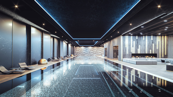 Luxurious pool with longue area. 3D generated image, generic location.
