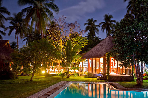 Luxurious Tropical Resort at Night stock photo