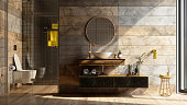istock Luxury Bathroom Interior With Shower, Toilet, Mirror And Yellow Towels. 1304826235