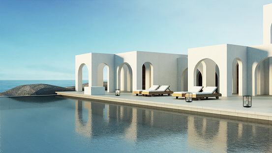 Luxury beach and Pool villa Santorini style - 3d rendering