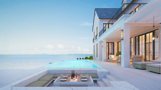 luxe strandhuis met overzeese meningszwembad en terras bij vakantie.3d het teruggeven - luxe stockfoto's en -beelden