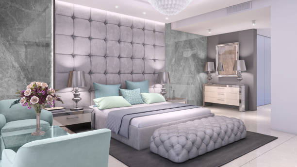 Dormitorio de lujo interior con pared de mármol - foto de stock