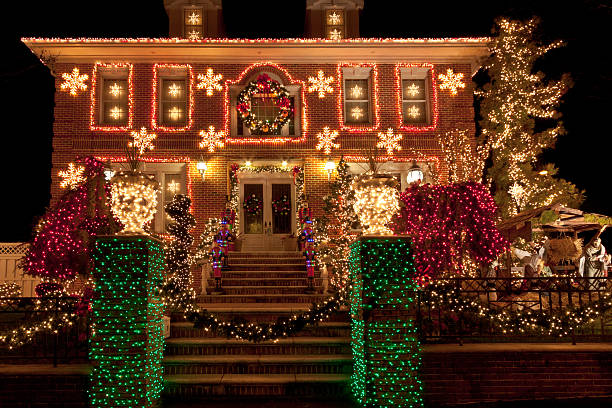 Luxury Brooklyn House with Christmas Lights at night, New York. stock photo