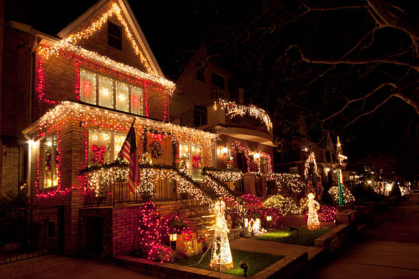 Luxury Brooklyn House with Christmas Lights at night, New York. stock photo