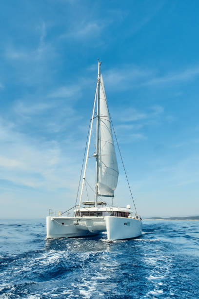 Luxury catamaran sailing under white sails on the blue azure sea Luxury catamaran sailing under white sails on the blue azure sea on a sunny summer day. Travel, yachting, regattas concept catamaran stock pictures, royalty-free photos & images