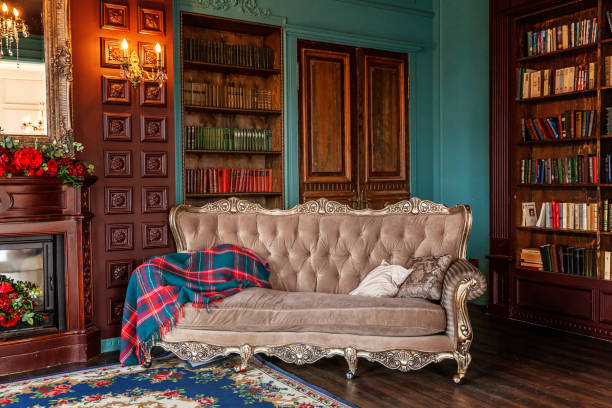 luxe klassiek interieur van home library. zitkamer met boekenrek, boeken, fauteuil, bank en open haard - antiek ouderwets stockfoto's en -beelden