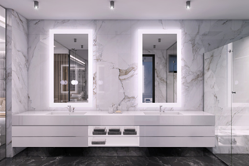 Luxury bathroom interior with marble walls, lights and large mirrors. shelf, decorative ceiling lights and glass door. bathtub and large windows. render