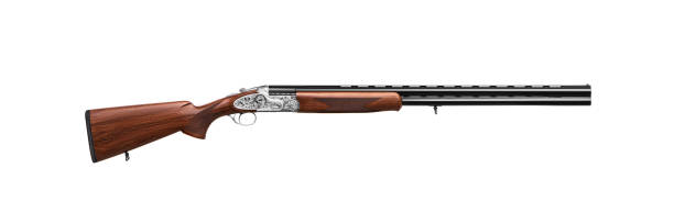 Luxury double-barreled shotgun with a vertical arrangement of barrels. Expensive weapon for hunters. Isolate on a white background. stock photo
