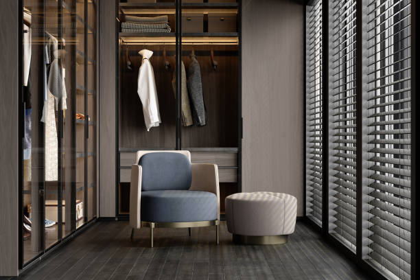 Luxury Dressing Room With Closet, Armchair And Hassock Luxury Dressing Room With Closet, Armchair And Hassock boutique photos stock pictures, royalty-free photos & images