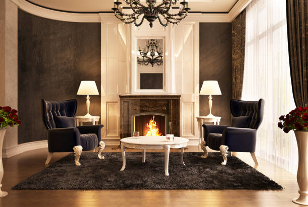 Luxury fireplace room design in big house Fireplace room design in big beautiful house classical style stock pictures, royalty-free photos & images