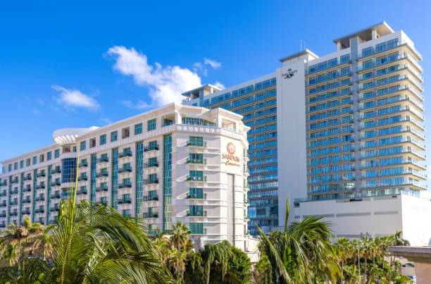 Luxury hotels along Cancun Zona Hotelera and Riviera Maya Hotel Zone with scenic beaches, leisure activities, parties and tourist entertainment stock photo
