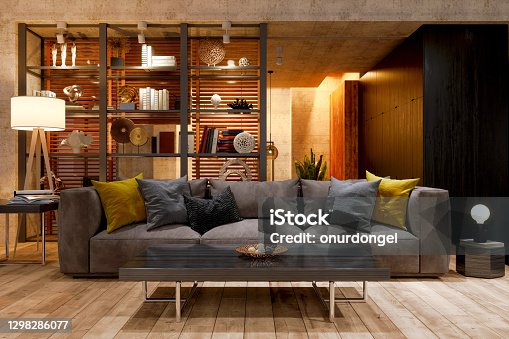 istock Luxury Living Room At Night With Sofa, Floor Lamp And Parquet Floor. 1298286077