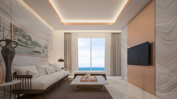 Luxury living room in suite room with sea view , 3d rendering Sea view from living room , Sofa with coffee table in room external wall covering stock pictures, royalty-free photos & images