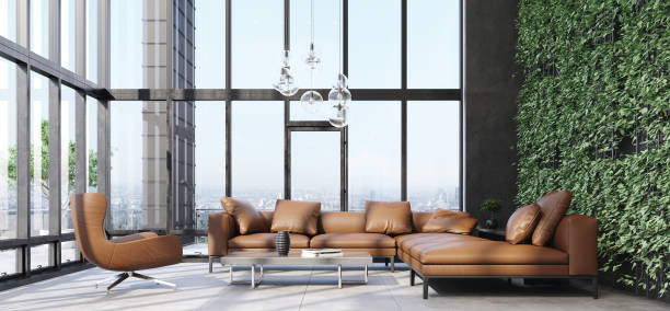 luxuriöses modernes wohnzimmer-interieur mit panoramafenstern - penthouse stock-fotos und bilder