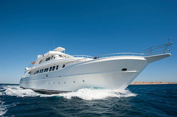 Luxury motor yacht at sea stock photo
