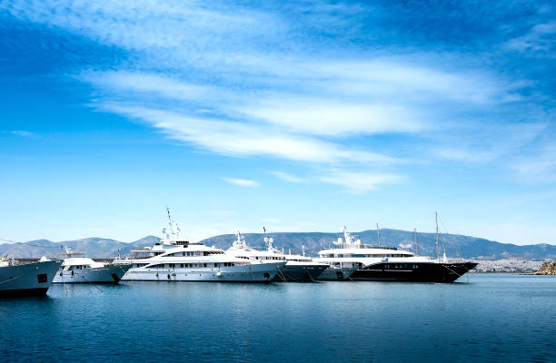 Luxury motorboats and yachts at the dock.Marina Zeas, Piraeus,Greece stock photo