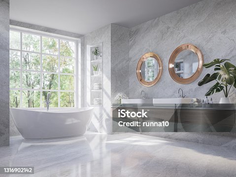 istock Luxury style light gray bathroom with nature view 3d render 1316902142