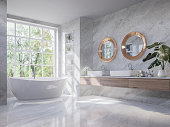 istock Luxury style light gray bathroom with nature view 3d render 1316902142