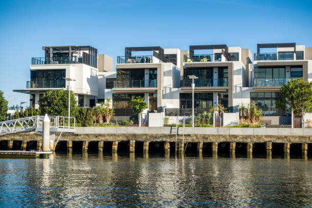 Luxury waterfront apartments viewed from the Yarra River stock photo